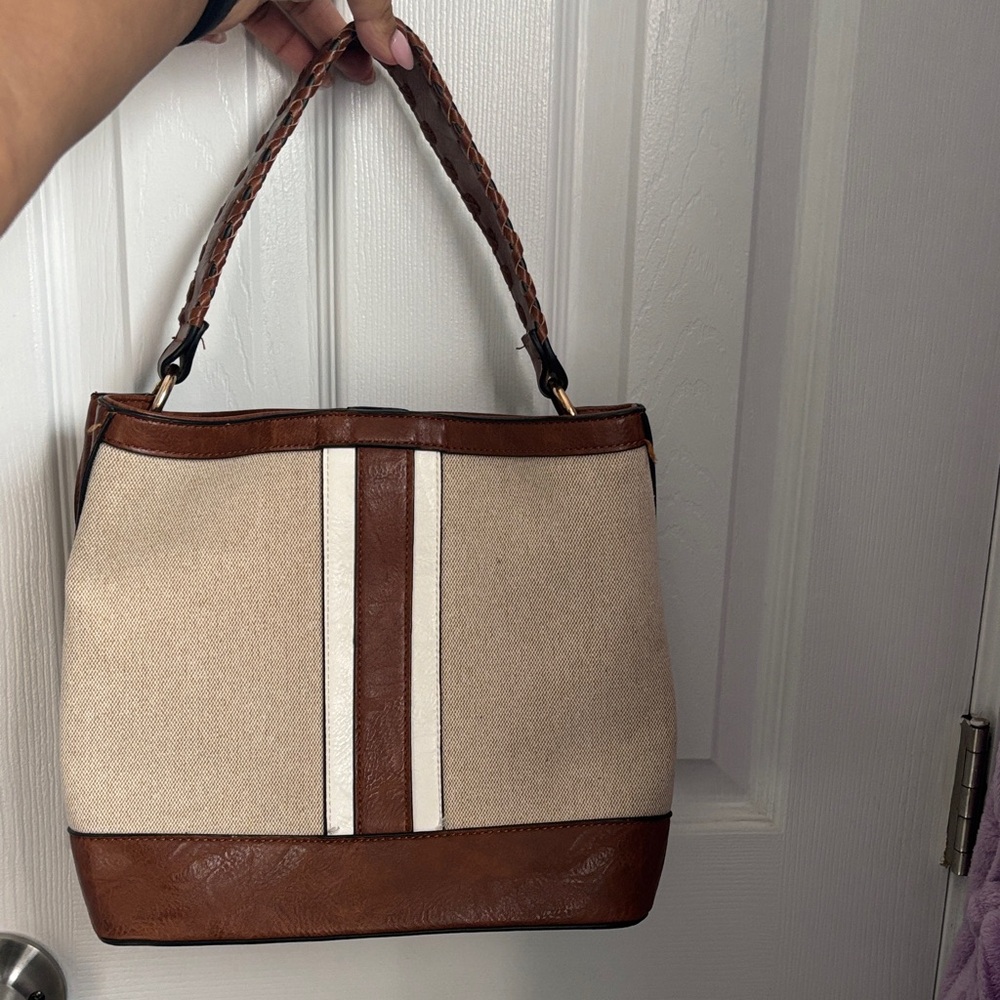 Jen & Co Canvas and Brown Leather Tote Bag with White Stripe
